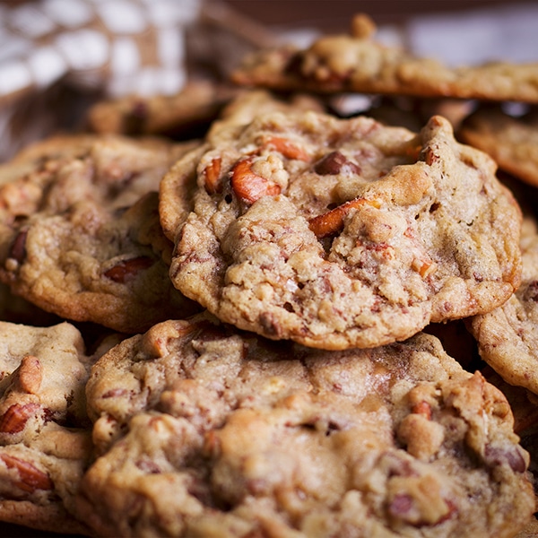 A pile of Anything Cookies on a tray.