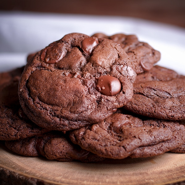 A pile of double chocolate Anything Cookies on a tray.