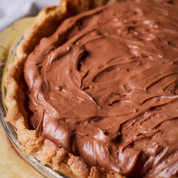 A chocolate cream pie made with Toasted Almond Crust.