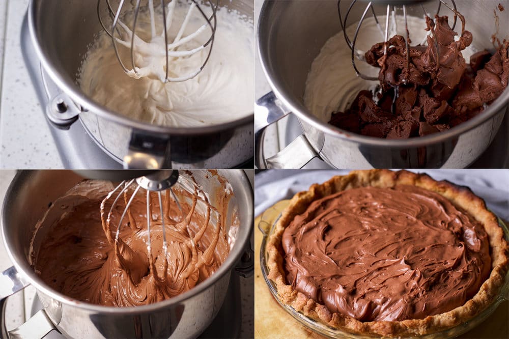 4 step-by-step photos showing how to make Chocolate Cream Pie.
