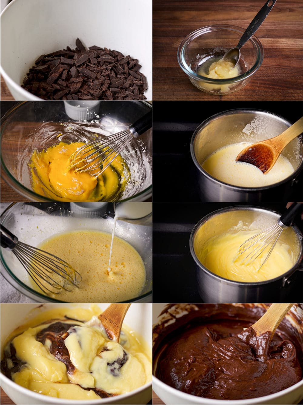 8 step-by-step photos showing how to make Chocolate Pastry Cream.