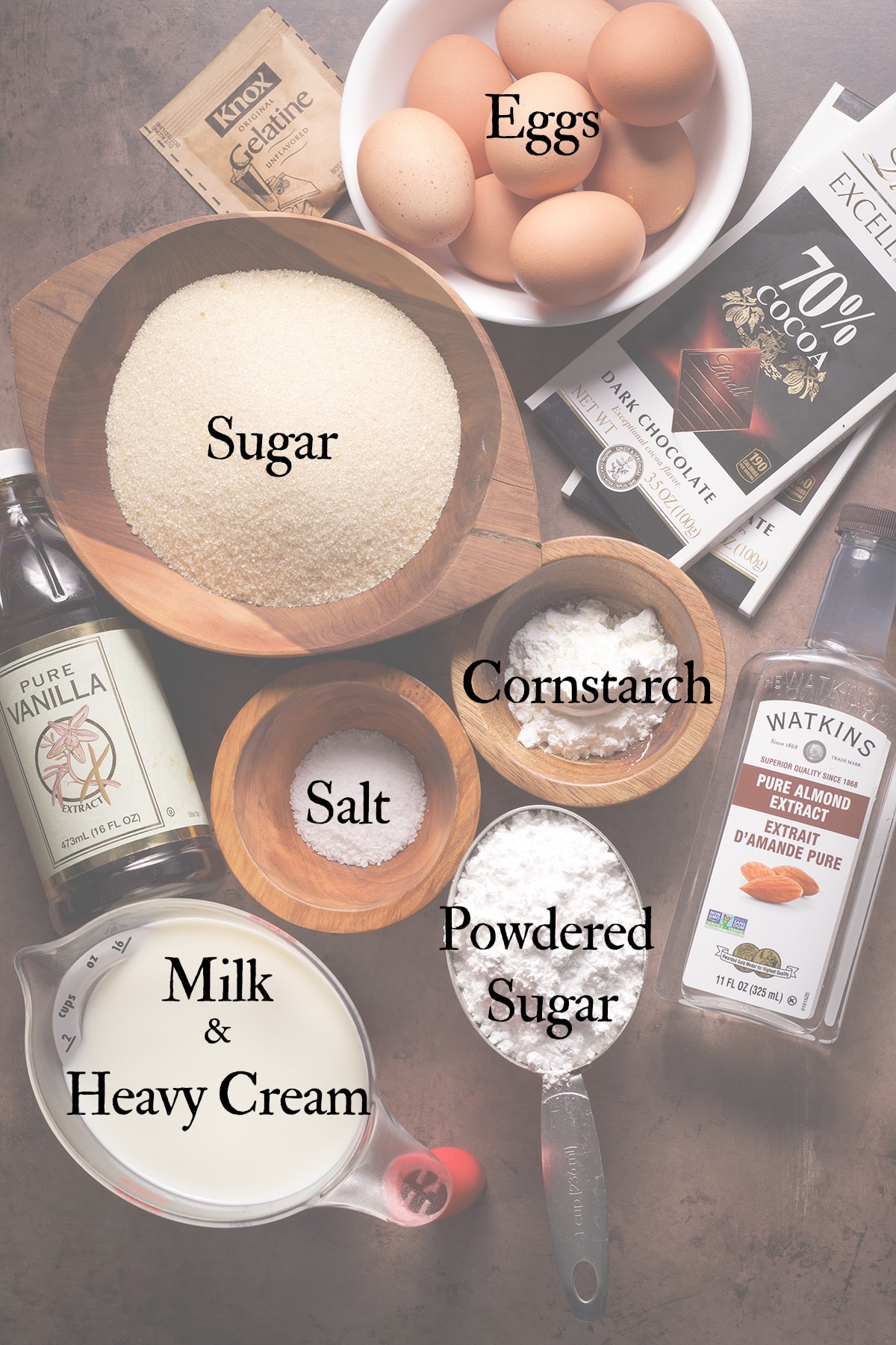 All of the ingredients required to make a chocolate cream pie.