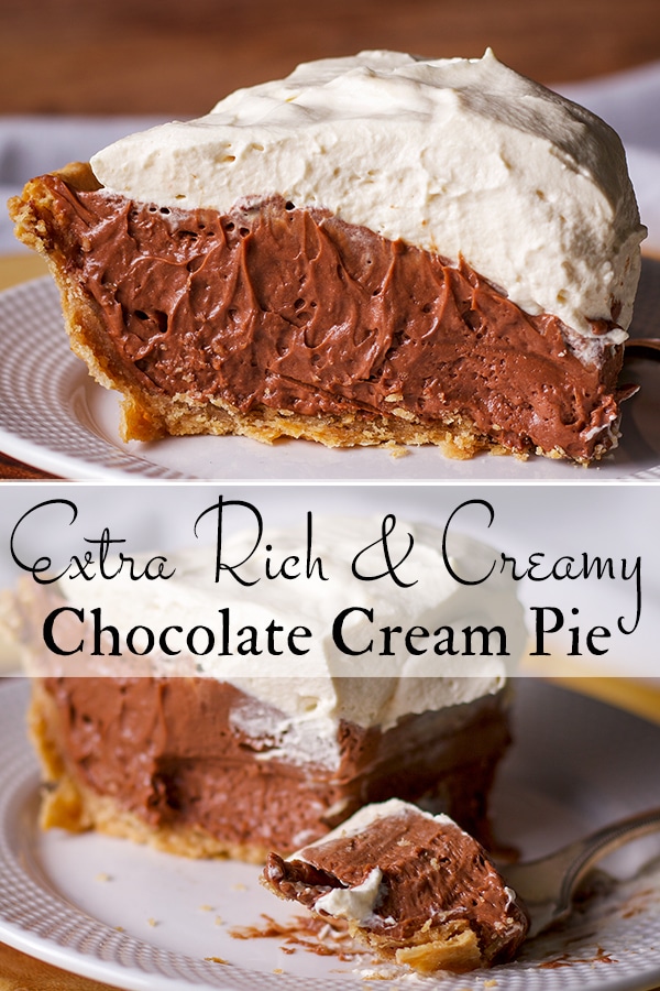 A slice of extra rich and creamy chocolate cream pie with toasted almond crust.