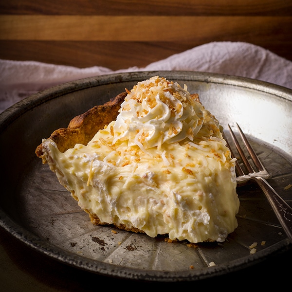 A slice of coconut cream pie.