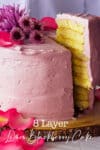 Someone lifting a slice from a 8-layer lemon cake covered in blackberry buttercream.