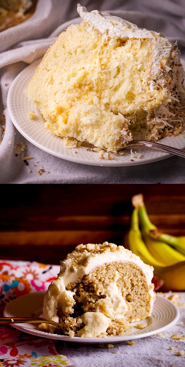 A slice of Coconut Cream Cake and a slice of Banana Cream Cake.