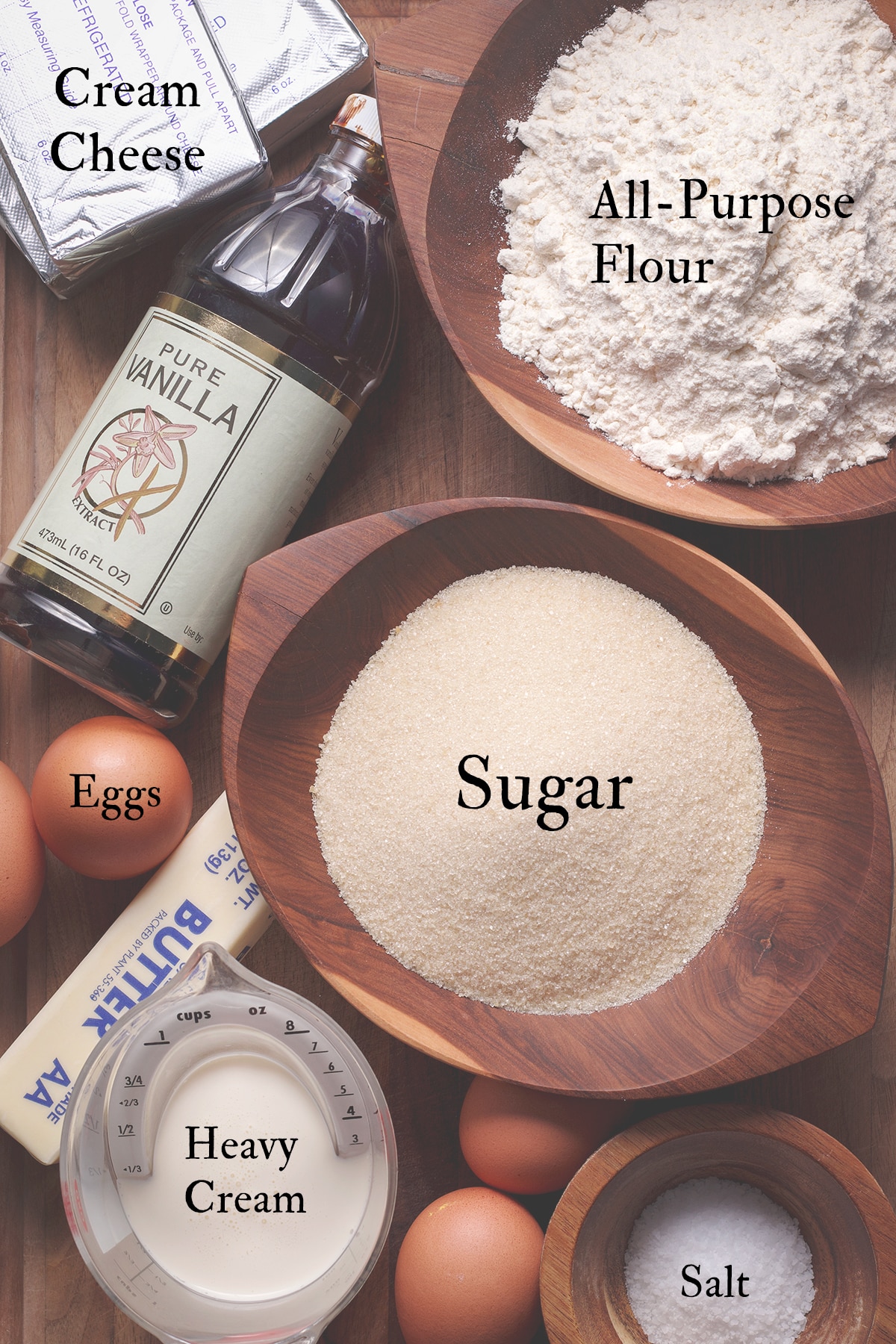 All the ingredients you need to make New York Cheesecake.