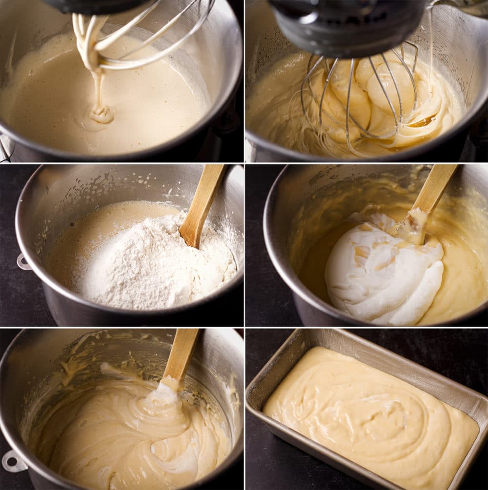 Six photos showing the process for how to make the batter for this vanilla loaf cake.
