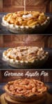 Three photos showing how to make German Apple Pie: pouring cream over the pie, sprinkling it with sugar, and the finished, baked pie.