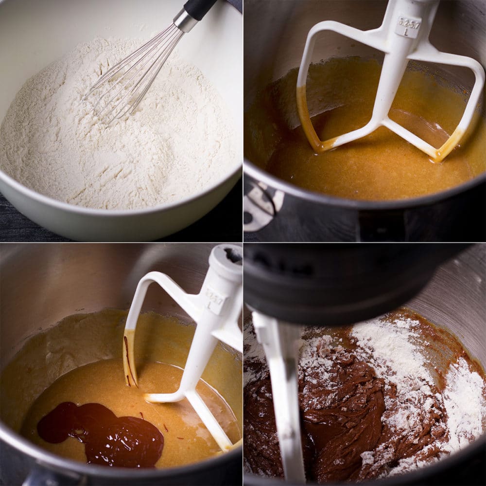 Four photos showing how to mix up the batter for chocolate loaf cake.