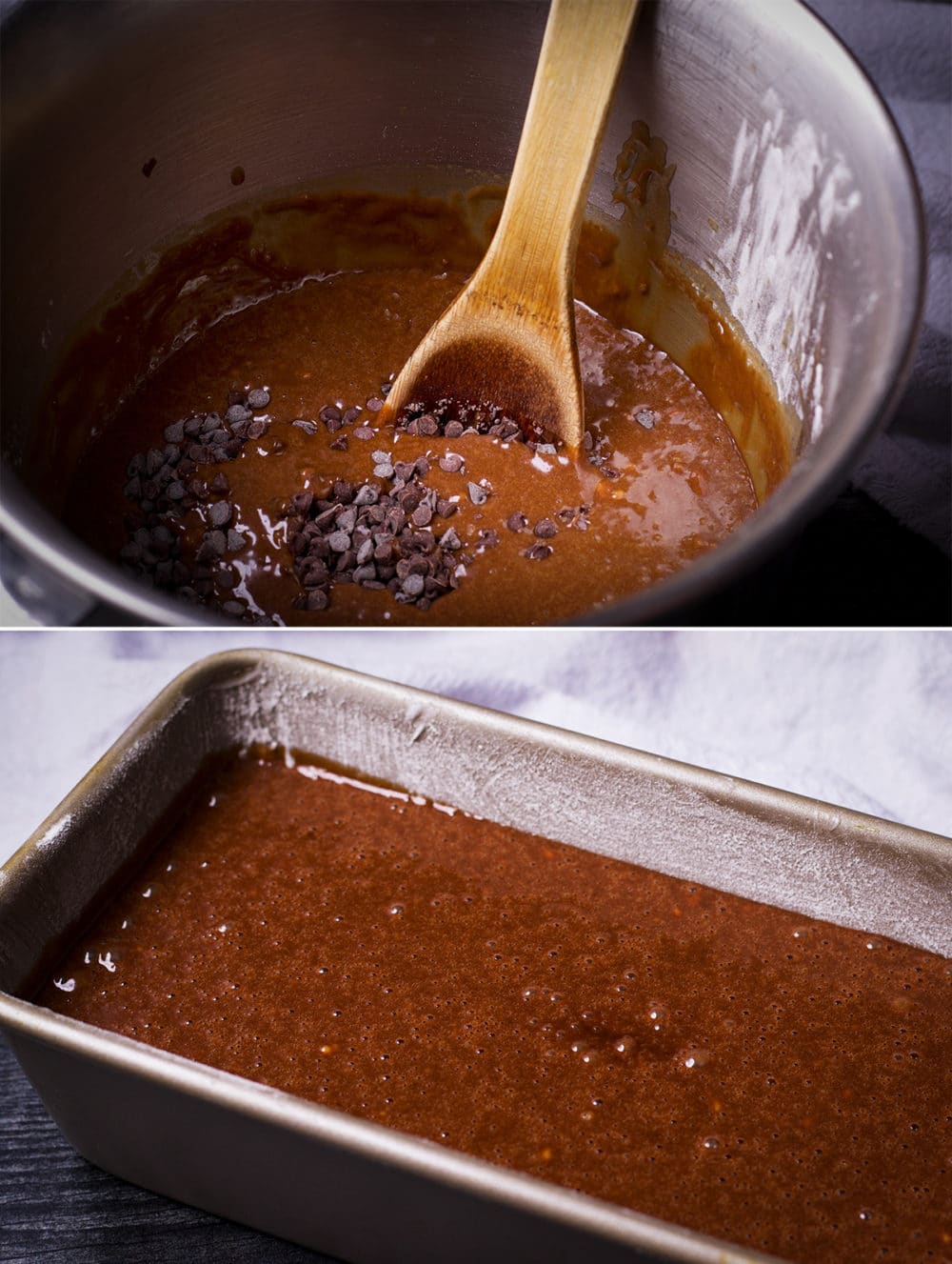 Two photos showing stirring chocolate chips into the batter for chocolate loaf cake and pouring the batter into a loaf pan.
