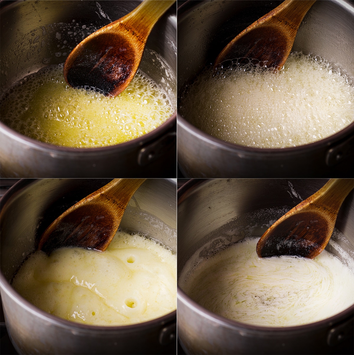 Four photos showing the process of browning butter in a saucepan.