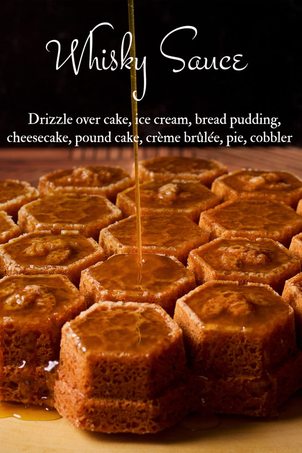 Drizzling whisky sauce over the top of a honey cake.