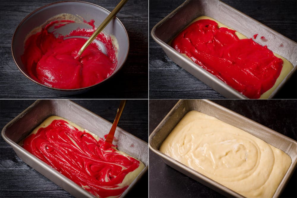 Four photos showing how to create a raspberry swirl: Mix preserves into cake batter, spread the raspberry batter over vanilla batter in a loaf pan, then use a knife to swirl it together.