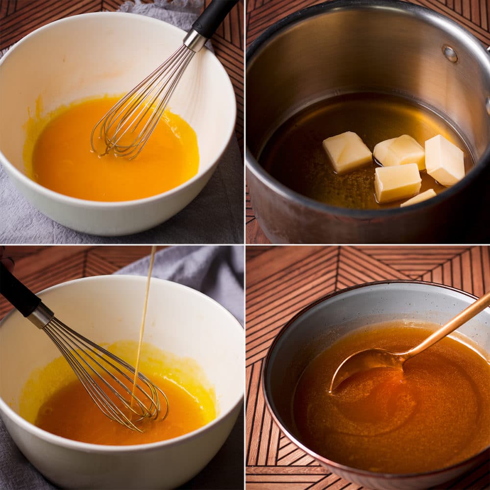 Four photos showing the process of making whisky sauce.