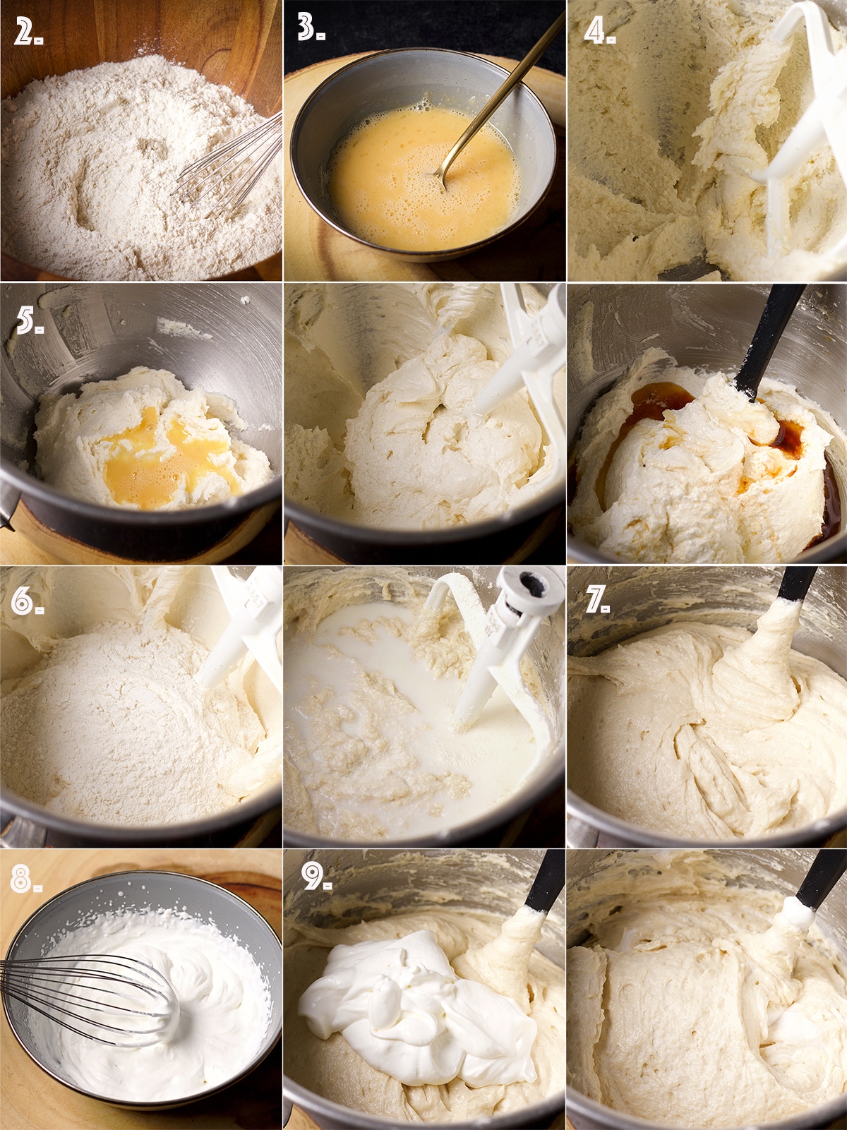 Twelve photos that show the step-by-step process for making white chocolate cake batter. The photos are numbered to correspond with the step in the recipe that they represent.