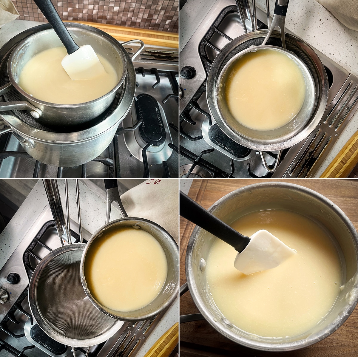 Four photos showing someone using a double boiler to make white chocolate ganache.