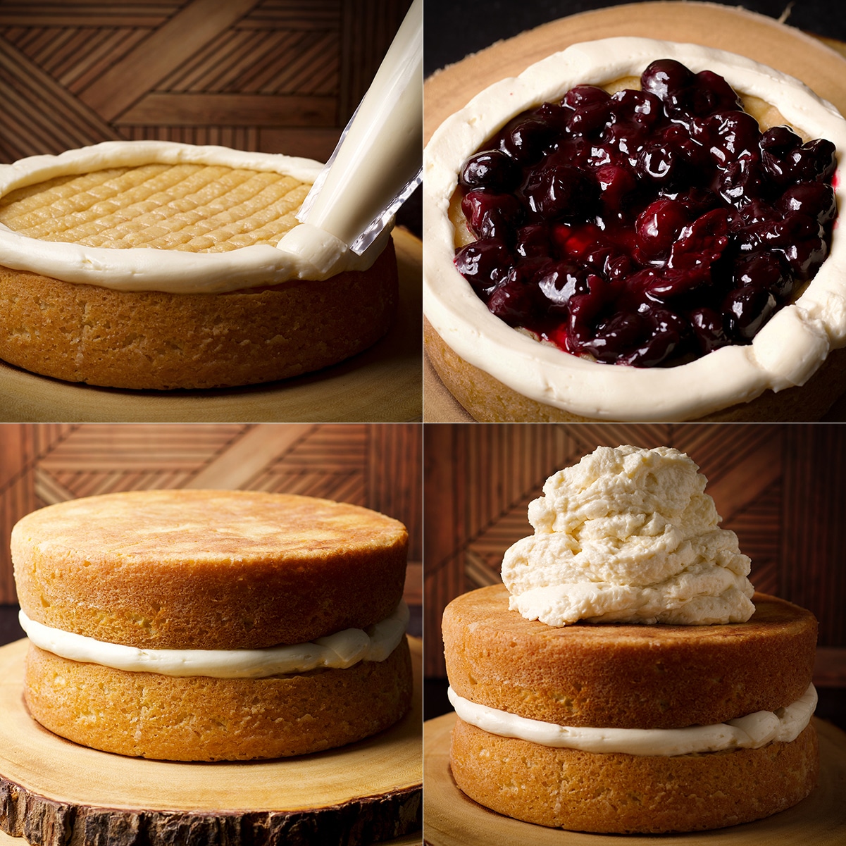 Four photos showing how to fill white forest cake with cherry sauce and stack one layer on top of another.