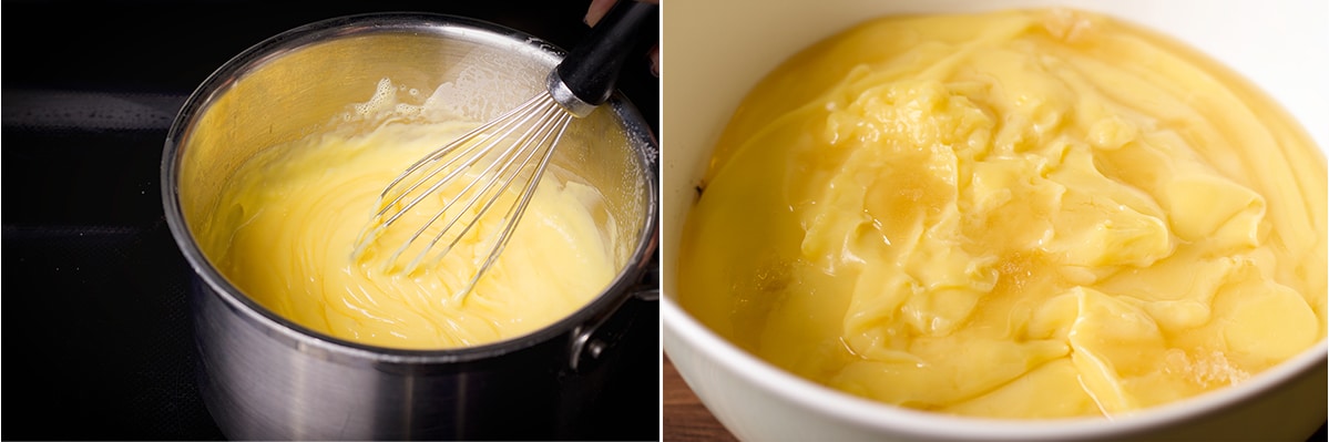 Two photos showing how to make pastry cream. The first shows someone whisking pastry cream in a saucepan. The second shows gelatin melting over the top of warm pastry cream.