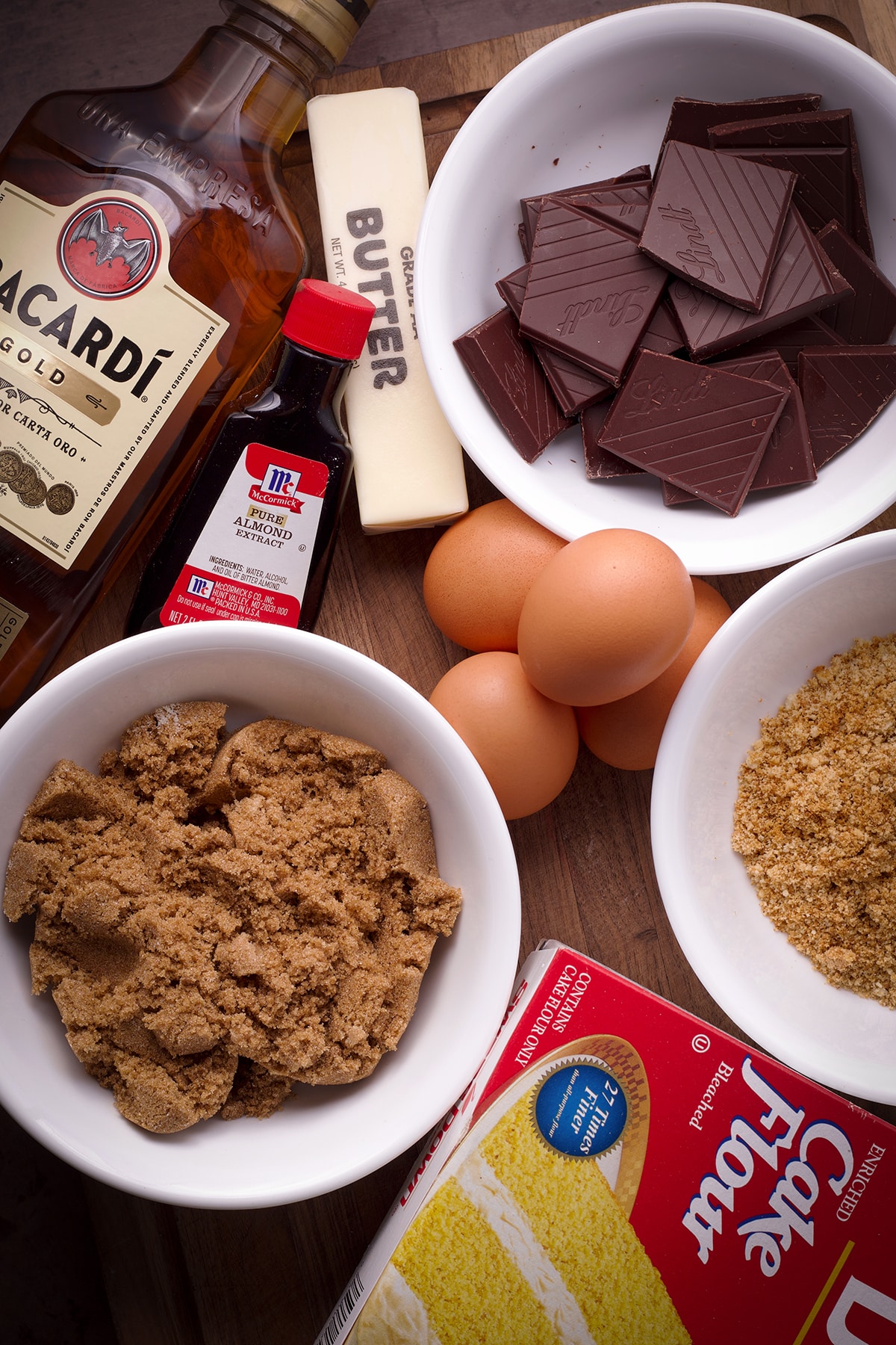 All the ingredients for one layer chocolate almond cake.