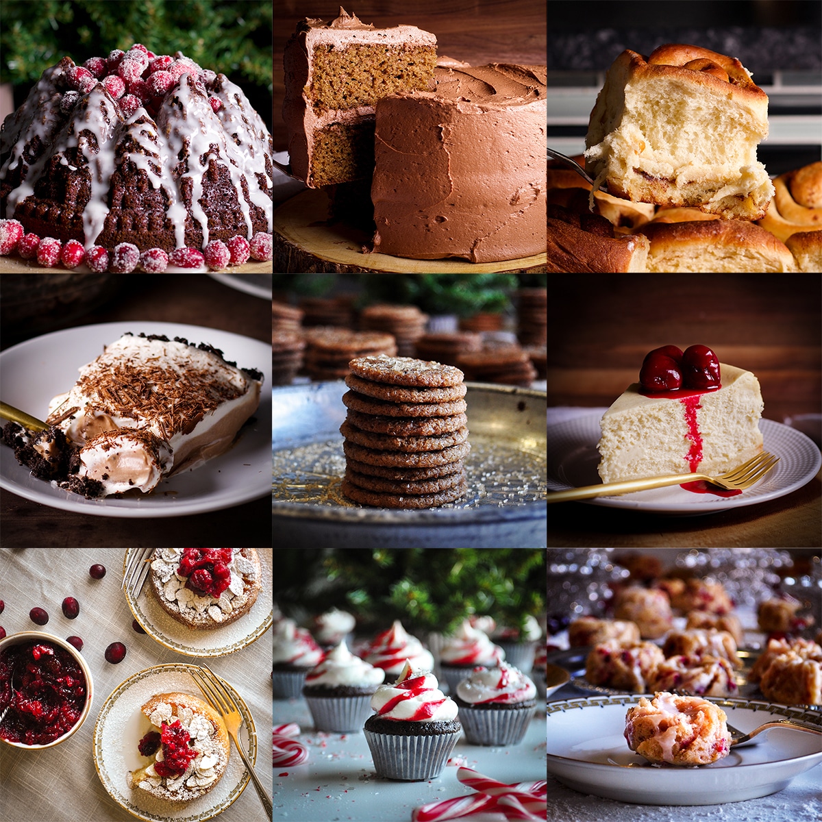 A collage of 9 photos showing favorite holiday baking recipes.