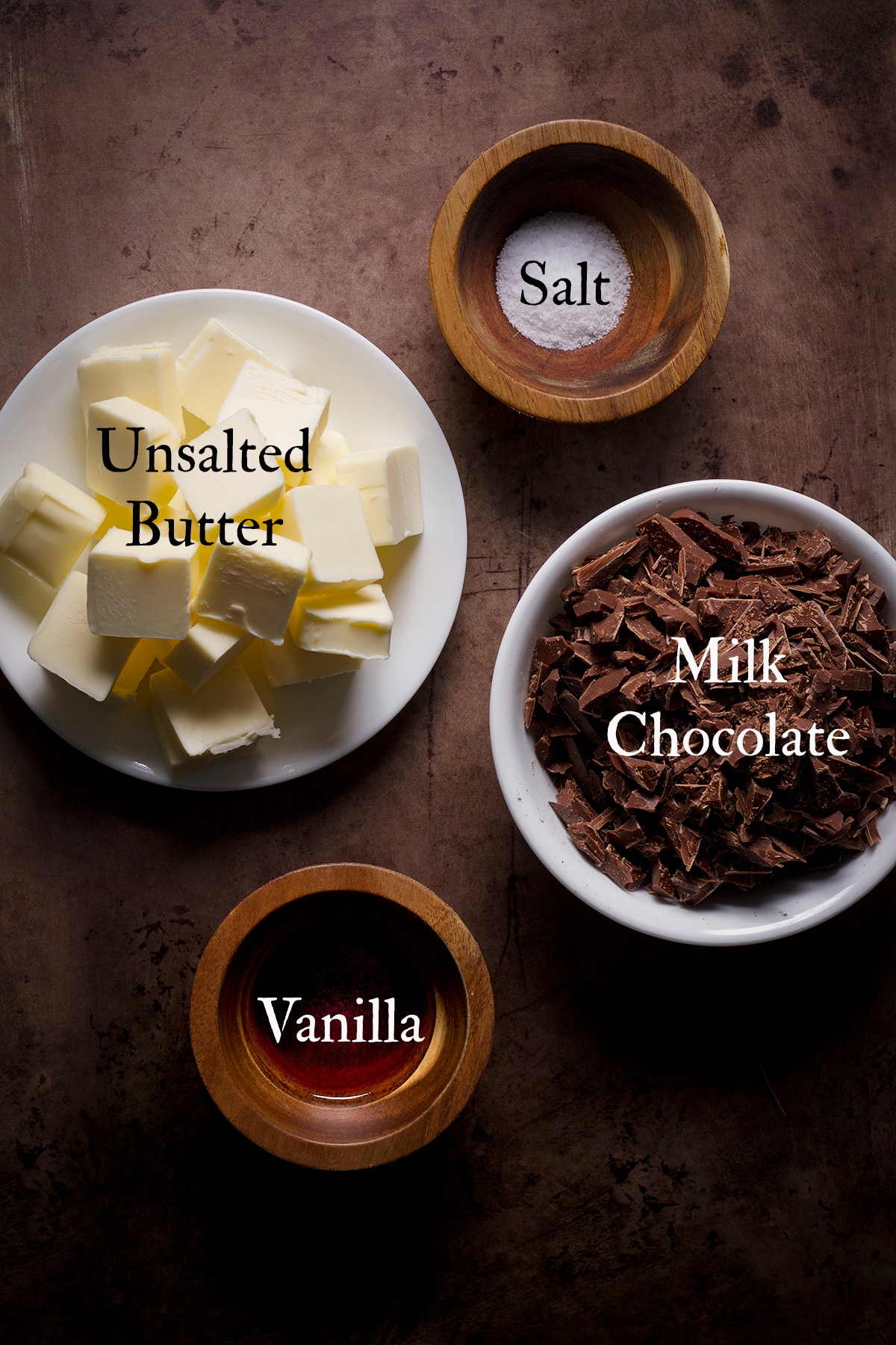 All the ingredients needed to prepare milk chocolate buttercream.