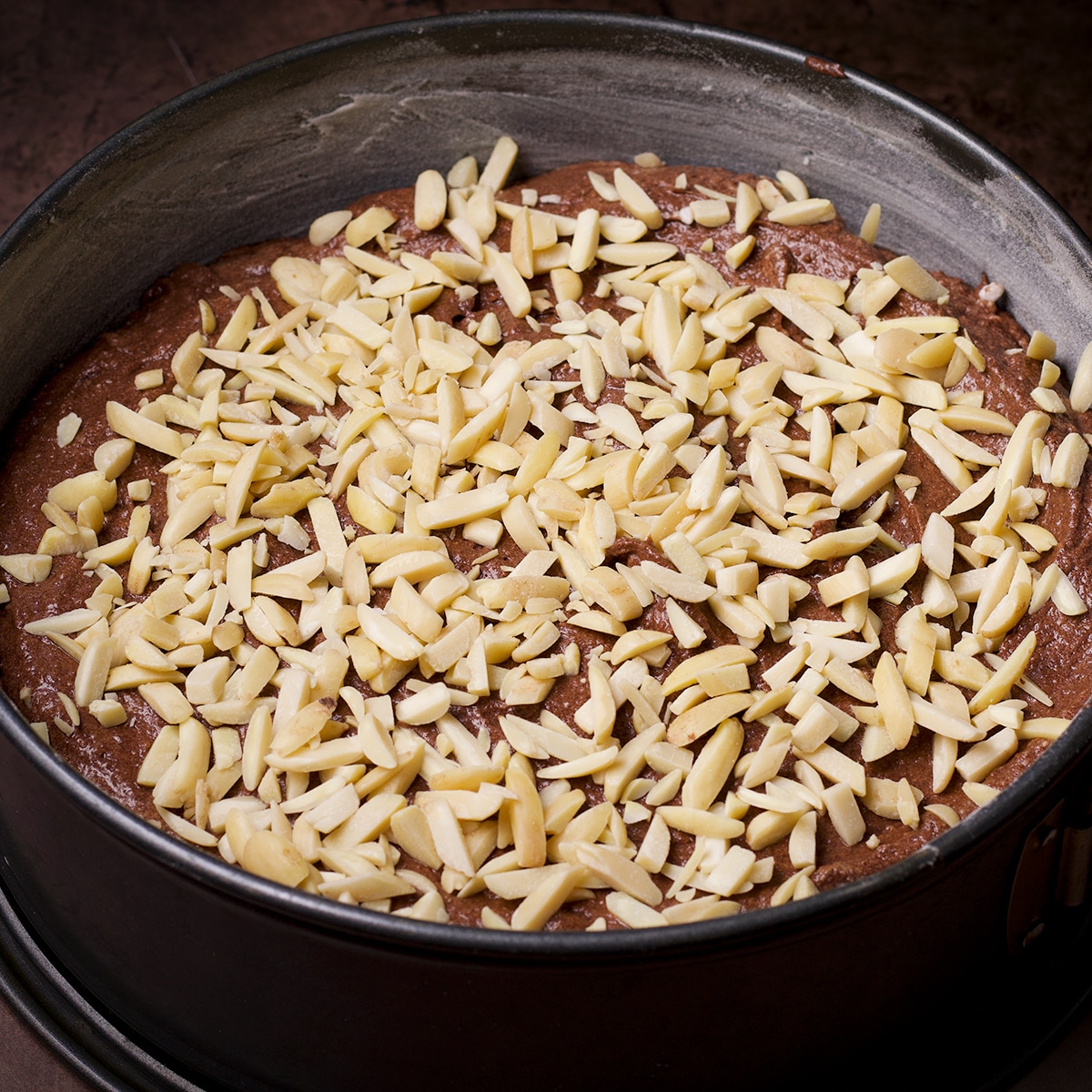 A springform cake pan filled with chocolate ricotta cake batter that's been sprinkled with slivered almonds.
