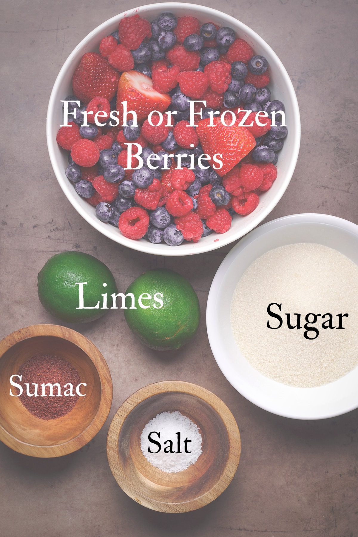 All the ingredients needed to make this easy berry sauce recipe.