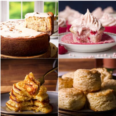 Four of the best baking recipes made with buttermilk: buttermilk coffee cake, raspberry muffins, buttermilk pancakes, and buttermilk biscuits.