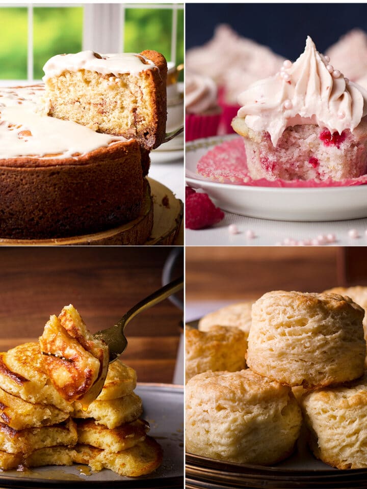 Four of the best baking recipes made with buttermilk: buttermilk coffee cake, raspberry muffins, buttermilk pancakes, and buttermilk biscuits.