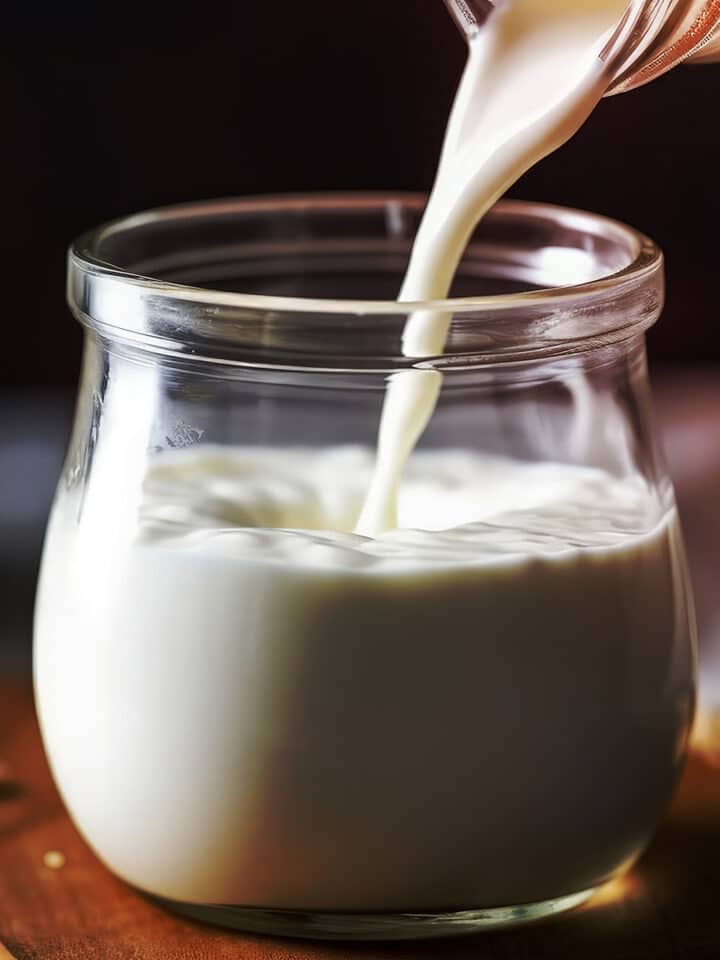 Pouring homemade buttermilk into a small glass jar.