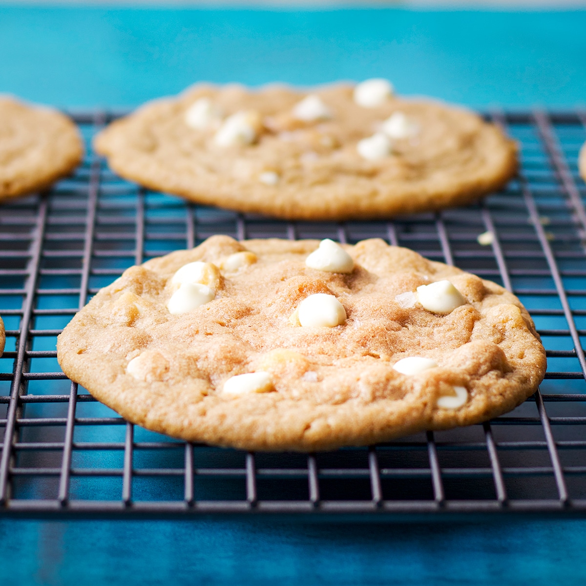 White chocolate chip cookies cooling on a wire baking rack.