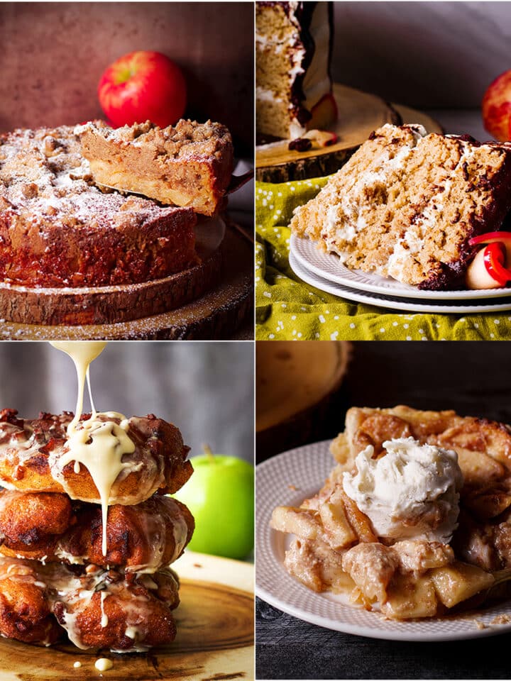 Four of the best apple recipes to bake in the fall including french apple cake, apple cider cake, apple fritters, and German apple pie.