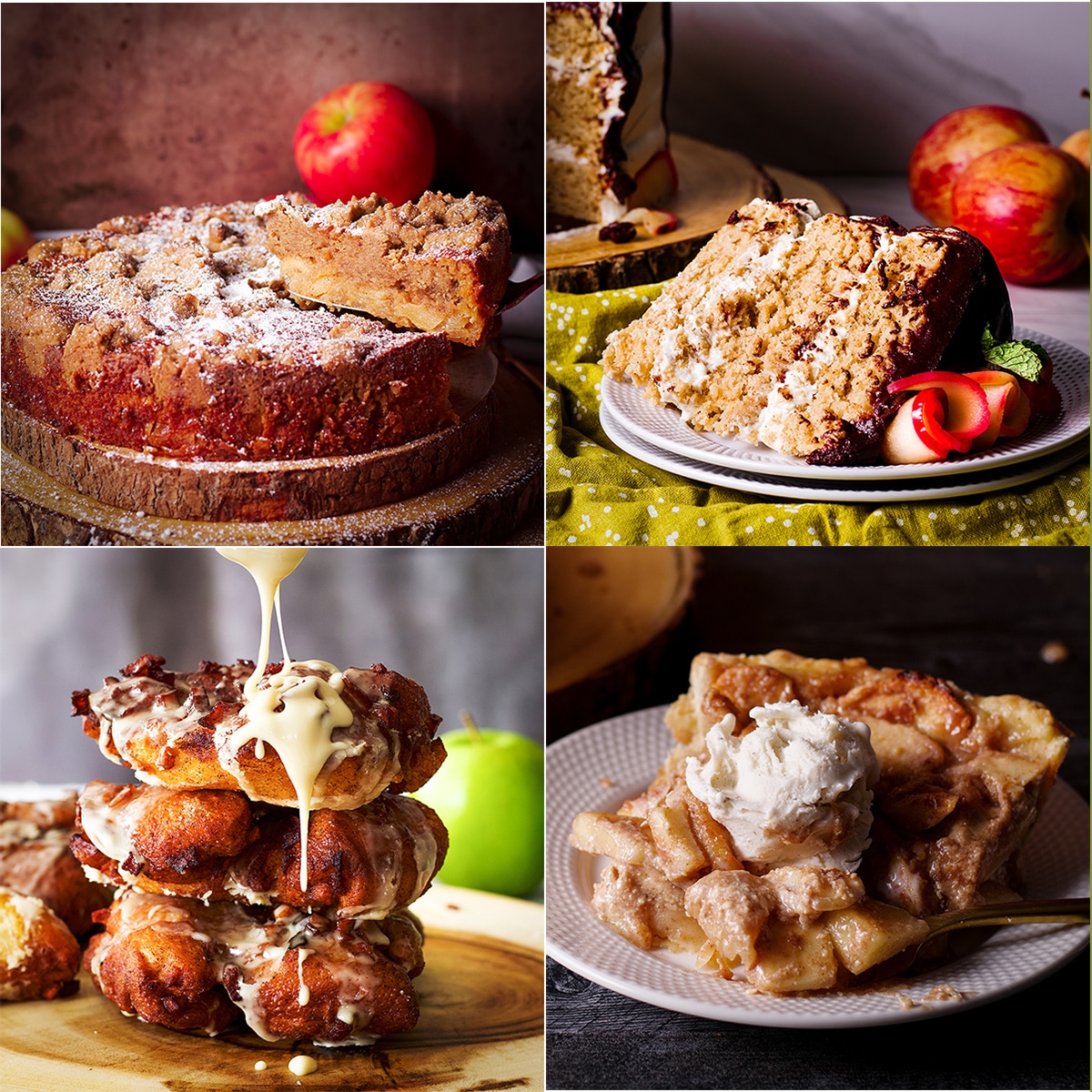 Four of the best apple recipes to bake in the fall including french apple cake, apple cider cake, apple fritters, and German apple pie.