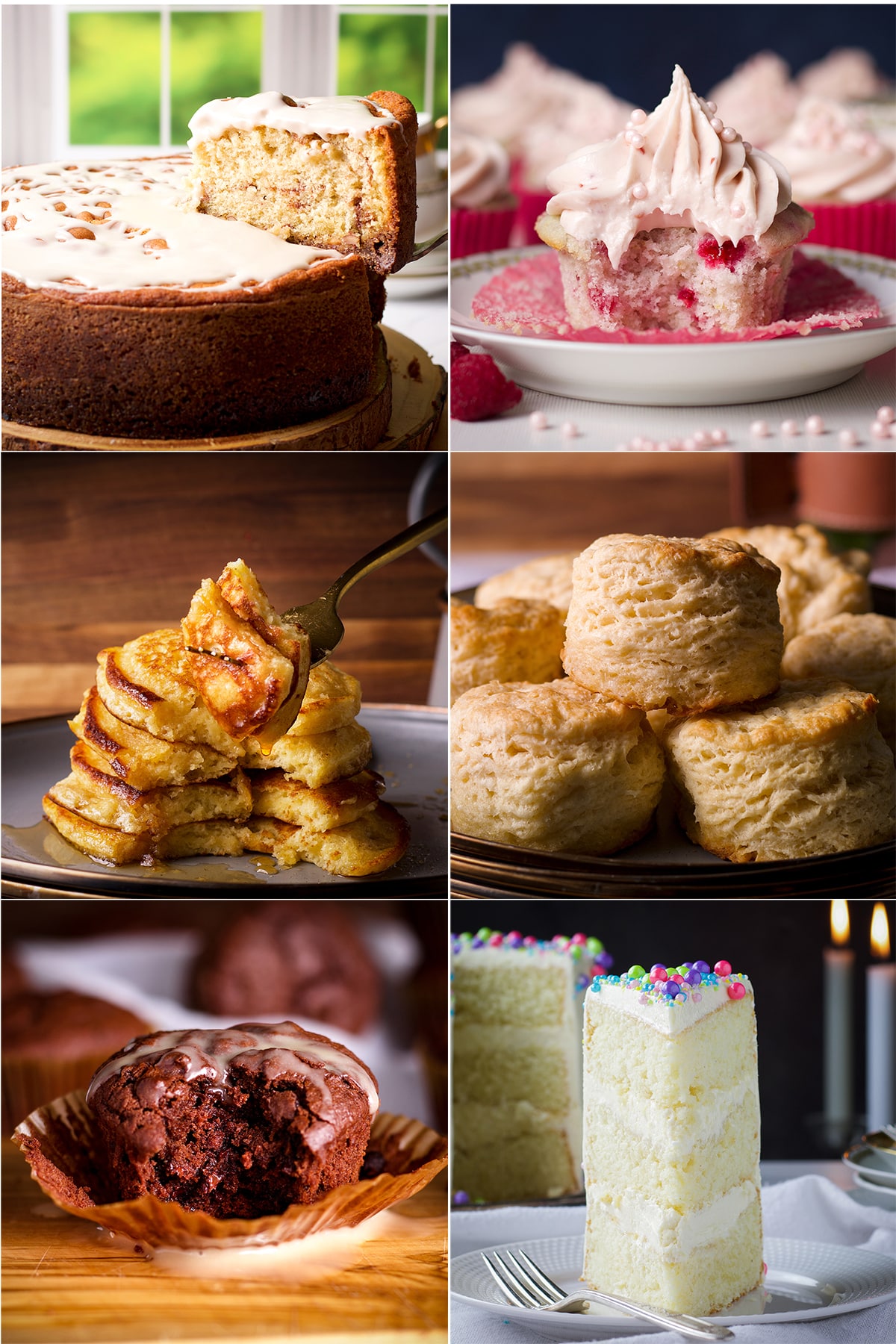 Six of the best baking recipes made with buttermilk: buttermilk coffee cake, raspberry muffins, buttermilk pancakes, buttermilk biscuits, vanilla cake, and chocolate muffins.