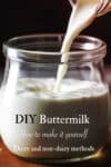 Pouring homemade buttermilk into a small glass jar.