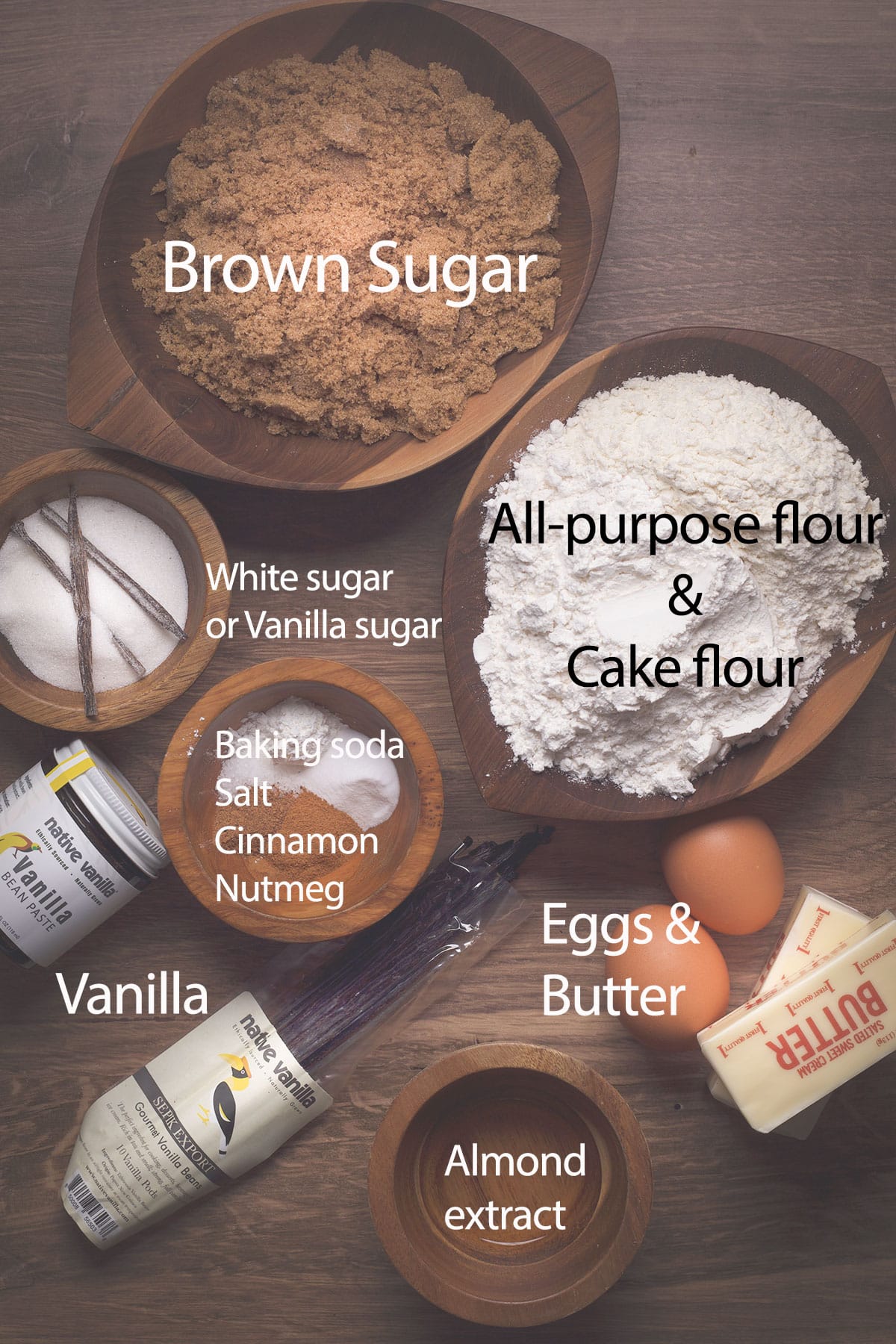 All the ingredients needed to make vanilla bean brown sugar cookies.