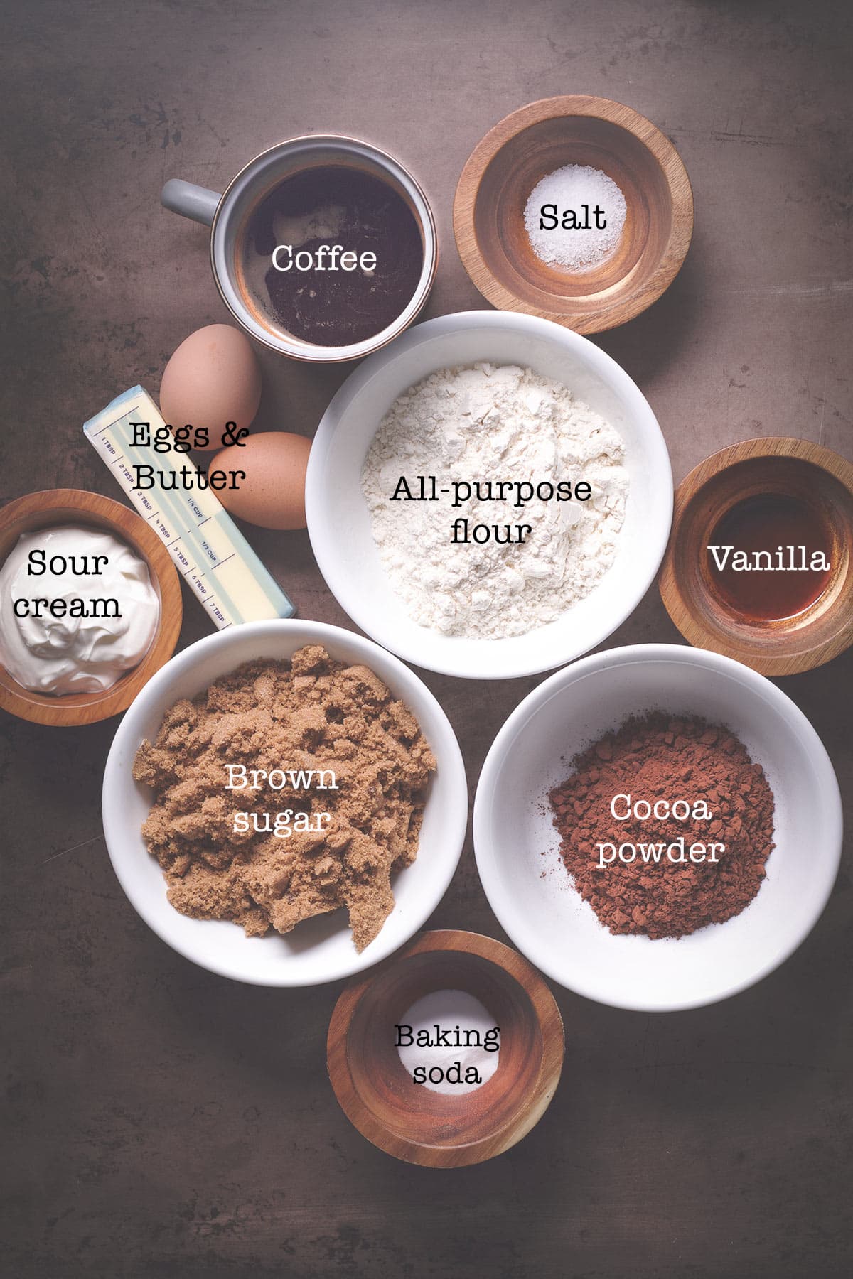 All the ingredients you need to bake a Dutch oven chocolate cake.